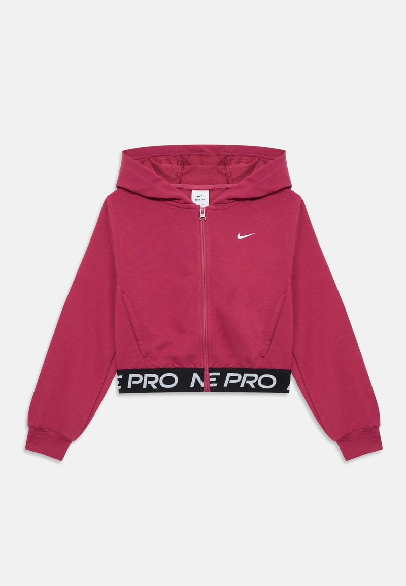 Zatvarač-hudica u vibrantnoj ružičastoj boji izrađena od mekanog materijala, s crnim rebrastim strukom na kojem je natpis "PRO" i bijelim Nike logom na grudima.