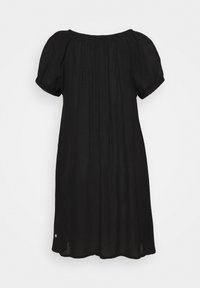 Robe noire longueur genou avec manches courtes bouffantes et encolure froncée, en tissu léger texturé.