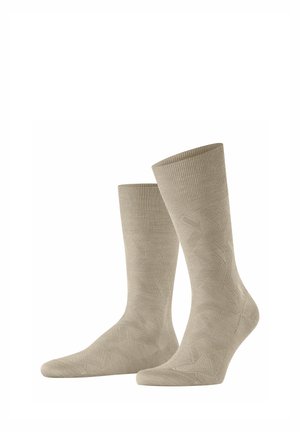 Beige Baumwollsocken mit geripptem Abschluss und strukturiertem geometrischem Muster am Schaft, entworfen für Komfort und Atmungsaktivität.