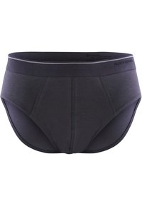 Biancheria intima grigio scuro con un tessuto morbido, caratterizzata da un ampio elastico in vita con un accento grigio chiaro. Include una tasca frontale sagomata e cuciture a punto.