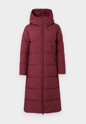 Bordeauxfarbener Puffermantel mit Kapuze, langen Ärmeln, gestepptem Design, durchgehendem Reißverschluss und seitlichen Taschen. Strukturiertes, isoliertes Material.