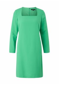 Grünes, langärmliges Kleid mit eckigem Ausschnitt und einem Reißverschluss auf der Rückseite; hat eine glatte, matte Textur und einen geraden Schnitt.