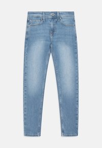 Ljusblå denimjeans med rak benform, utrustade med knapplåsning och dragkedja, fem fickor och subtila blekningar över tyget.
