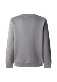 Pelēks džemperis ar garām piedurknēm, apaļu apkakli, ribotām piedurknēm un apakšmalu. Aizmugurē apkakles rajonā ir smalka teksta detaļa. Mīksta, gluda tekstūra.