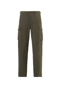 Pantaloni cargo di colore verde oliva, realizzati in tessuto leggero. Presentano diverse tasche laterali e un design a gamba dritta.