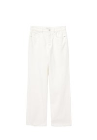 Jeans bianchi a gamba larga in cotone, con vita alta, tasche frontali e orlo pulito. Il tessuto ha una consistenza morbida e dettagli minimi.