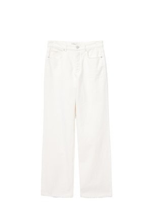 Hvide vidde bukser lavet af bomuld, med høj talje, forlommer og en ren kant. Stoffet har en blød tekstur og minimal detaljering.