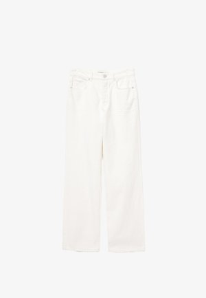 Jeans bianchi a gamba larga in cotone, con vita alta, tasche frontali e orlo pulito. Il tessuto ha una consistenza morbida e dettagli minimi.