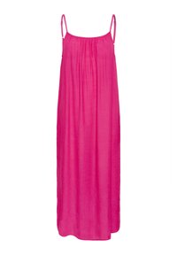 Robe maxi rose avec de fines bretelles réglables, un décolleté froncé et une silhouette fluide et ample en tissu léger.