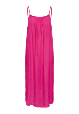 Robe maxi rose avec de fines bretelles réglables, un décolleté froncé et une silhouette fluide et ample en tissu léger.