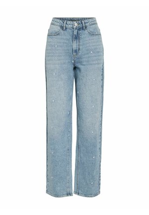 Jean bleu clair à taille haute et coupe droite avec des étoiles blanches brodées éparpillées sur le tissu.