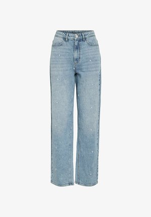 Hellblaue Jeans mit hoher Taille und geradem Bein mit weißen bestickten Sternmustern, die über den Stoff verteilt sind.