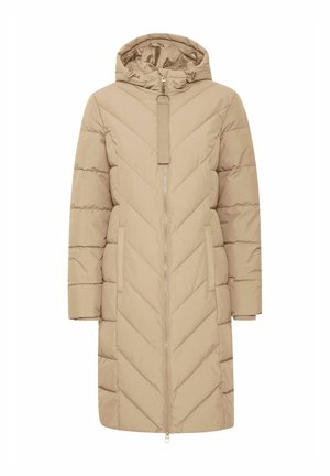 Šviesiai ruda pūkinė striukė su gobtuvu, pasižyminti ševrono raštu, užtrauktuko uždarymu ir dviem šoniniais kišenėmis. Pagaminta iš užsegamos, paminkštintos medžiagos.