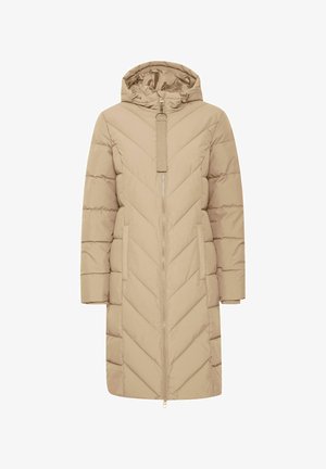 Šviesiai ruda pūkinė striukė su gobtuvu, pasižyminti ševrono raštu, užtrauktuko uždarymu ir dviem šoniniais kišenėmis. Pagaminta iš užsegamos, paminkštintos medžiagos.