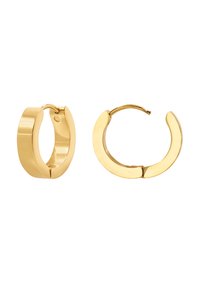 Gold hoop earrings with a smooth, reflective surface. They feature a simple, rounded design, and a secure clasp for easy wear.