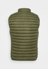 Gilet senza maniche imbottito di colore verde oliva, con cuciture orizzontali e colletto alla coreana, visto da dietro.