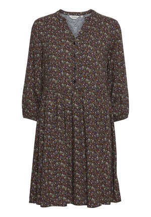 Floral dress with a dark background, featuring long sleeves, a v-neck, and button details. The pattern includes small colorful flowers.