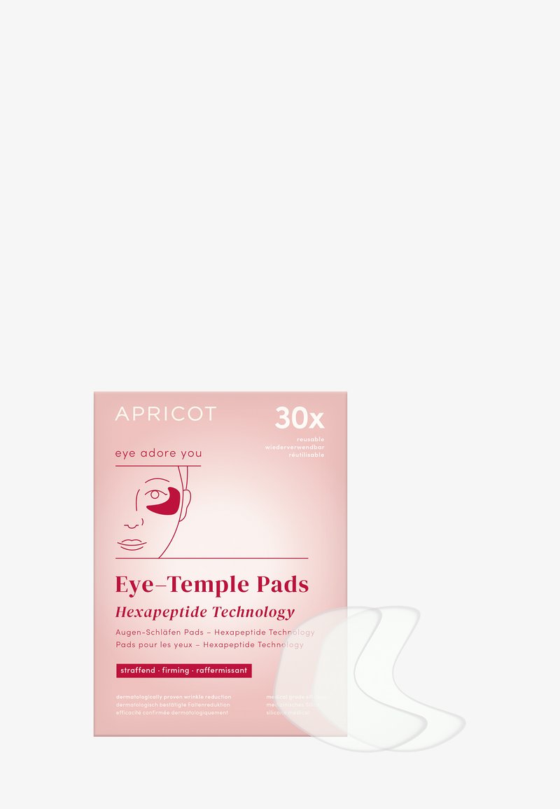 Paquet de 30 coussinets réutilisables en silicone transparent pour les tempes, conçus pour réduire les rides. Présente un fond rose avec un texte et une bordure blanche.