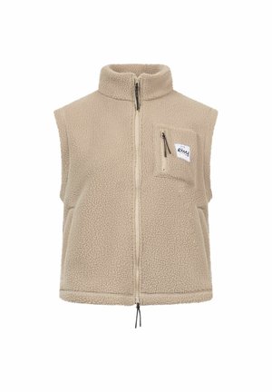 Beige Fleeceveste mit hohem Kragen, Frontreißverschluss und einer Brusttasche mit Logo. Strukturierte, weiche Oberfläche mit Seitentaschen.