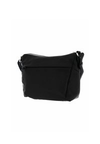 Borsa a spalla nera in nylon con chiusura a zip, forma rettangolare, tracolla regolabile, tasca frontale e superficie liscia. Design minimalista.