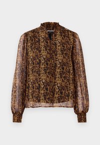 Smešani smešani bluz sa leopard printom, visokim nabranim izrezom i dugim puf rukavima. Ima elastične manžete i prorez na prednjoj strani.