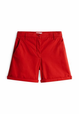 Røde bomuldsbukser med knappelukning, to sidelommer og manchetter ved kanten. Glat tekstur og lige snit design.