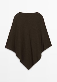 Dark brown wool poncho with a wide neckline and pointed hem, displayed flat against a white background.
