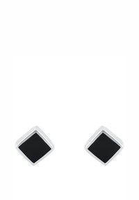 Kvadratiska svarta onyx-studörhängen i polerat silver, visade sida vid sida på en vit bakgrund.