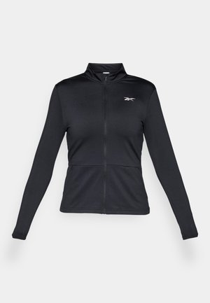 Schwarze Sportjacke aus glattem Stoff, mit hohem Kragen, langen Ärmeln und einem Frontreißverschluss. Kleines Logo auf der Brust.