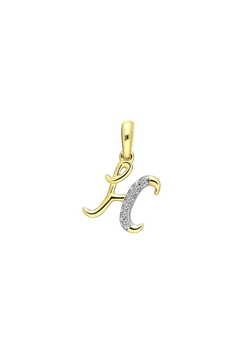Gouden hanger met een cursieve letter "H" die verstrengeld is met een zilveren letter "C" versierd met sprankelende heldere edelstenen.