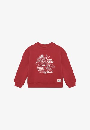 Felpa rossa in cotone con scollo girocollo, polsini a costine e grafica bianca con personaggi e testo "THE NEW KIDS CLUB".