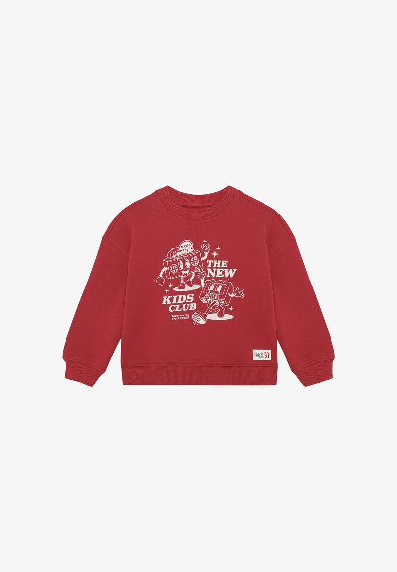 Czerwona bawełniana bluza z okrągłym dekoltem, ściągaczami na rękawach oraz białym nadrukiem przedstawiającym postacie i napis "THE NEW KIDS CLUB".