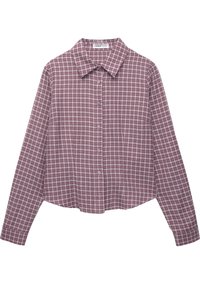 Koszula w kratę z długim rękawem w kolorach burgundowym i kremowym, z kołnierzykiem i skróconym krojem. Gładki, lekki materiał.