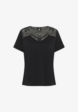 T-shirt noir à manches courtes avec un panneau en dentelle à motifs floraux au niveau du col, texture douce et ouverture en clé au dos.