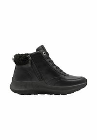 Bottes chevilles en cuir noir avec un col en fourrure, un devant à lacets et une fermeture éclair sur le côté. Présente une semelle extérieure en caoutchouc texturé pour une meilleure adhérence.