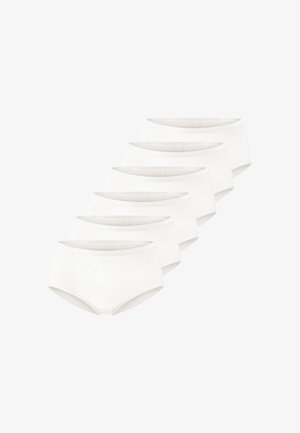 Białe bawełniane majtki hipsterki, charakteryzujące się gładką teksturą, elastycznym pasem i prostym, bezszwami krojem. Zestaw sześciu sztuk.