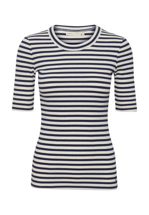 Námornícky modré a krémové pruhované rebrované tričko s okrúhlym výstrihom a krátkymi rukávmi, so štíhlym strihom a textúrovanou látkou.