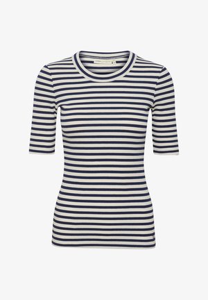 Námornícky modré a krémové pruhované rebrované tričko s okrúhlym výstrihom a krátkymi rukávmi, so štíhlym strihom a textúrovanou látkou.