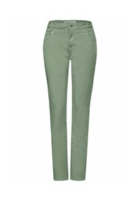 Naisten kapeasti istuvat vaaleanvihreät housut, joissa on etutaskut, vyölenkit, napitus ja sileä kangastuntuma.