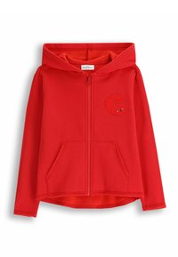 Czerwona bluza z kapturem na zamek, wykonana z miękkiego materiału. Posiada przednią kieszeń oraz teksturowany detal w postaci litery "C" w kontrastujących kolorach. Zapinana na kaptur.