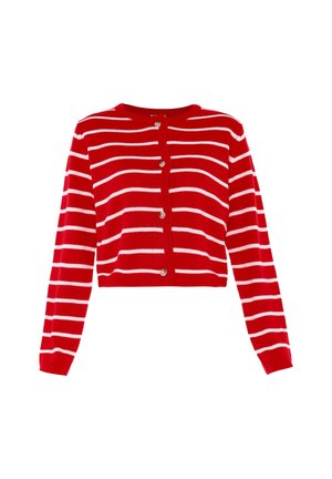 Rot-weißer, gestreifter, kurzer Cardigan mit langen Ärmeln, Rundhalsausschnitt und fünf Knopfverschluss. Hergestellt aus einem weichen Strickmaterial.