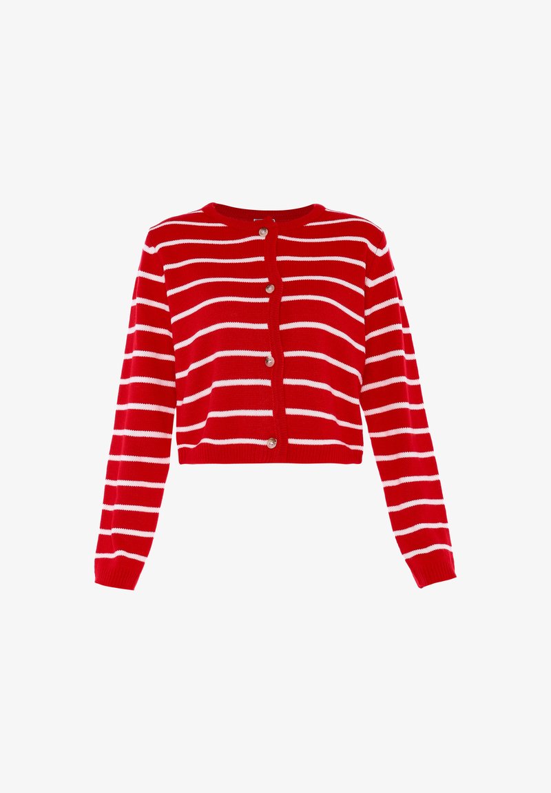 Rood met witte gestreepte cropped cardigan met lange mouwen, ronde hals en sluiting met vijf knopen. Gemaakt van een zachte breimateriaal.