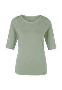 Grünes, leichtes T-Shirt mit rundem Halsausschnitt und Dreiviertelärmeln. Glatte Textur mit dezenten Nähdetails.