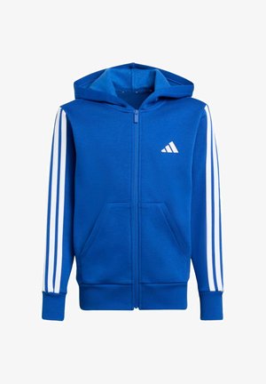 Niebieska bluza z kapturem zapinana na suwak z białymi potrójnymi paskami na rękawach i małym białym logo na lewej piersi, wyposażona w przednie kieszenie i ściągacze na mankietach.