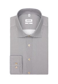 Camicia slim-fit con motivo houndstooth bianco e nero, caratterizzata da un colletto classico e due bottoni dorati sul polsino.