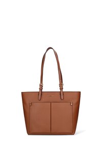 Sac cabas en cuir marron avec deux poches avant, forme plate, double anses et détails métalliques dorés. Fini texturé.