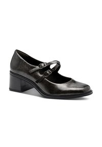 Chaussure Mary Jane en cuir noir avec deux sangles ajustables, bout rond et talon épais. Surface texturée, construction solide.