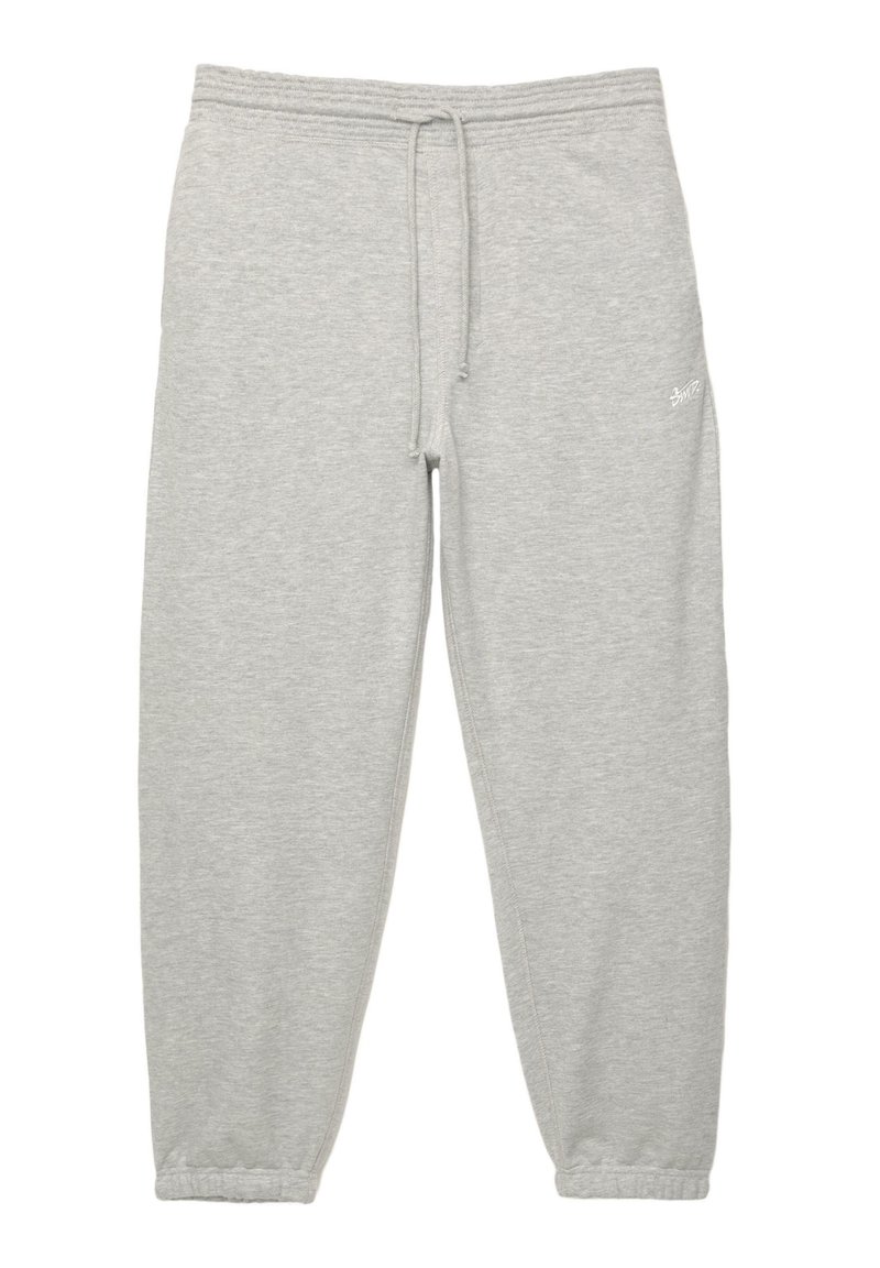 Light gray sweatpants made of soft cotton blend, featuring an elastic waistband with a drawstring and tapered ankles. Minimal branding detail.
