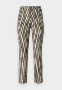 Broek met een getailleerd ontwerp, gemaakt van rekbaar materiaal met een zwarte achtergrond en een klein beige hartmotief over de gehele lengte.