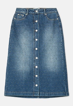 Denim A-Linie Midi-Rock mit Knopfverschluss vorne, Taschen und metallischen Nieten-Details. Hellblaue Waschung mit verblasster Textur.